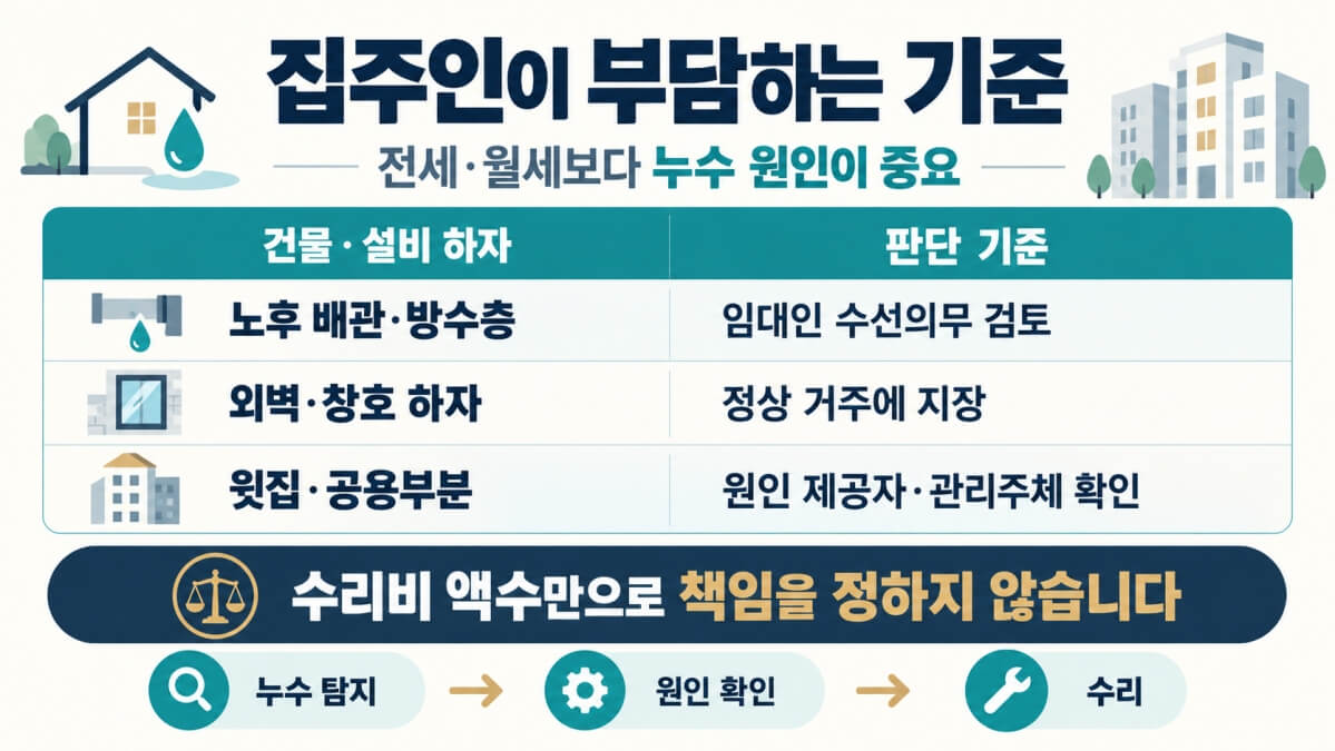 전세 월세집 누수 수리비 집주인 부담 기준